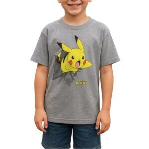 Pokemon Pikachu Graphic Kids T-Shirt Gray Cotton Blend Short Sleeve Size Large